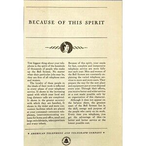 American Telephone and Telegraph Co. "Because of this spirit" VNTG Print Ad 1931